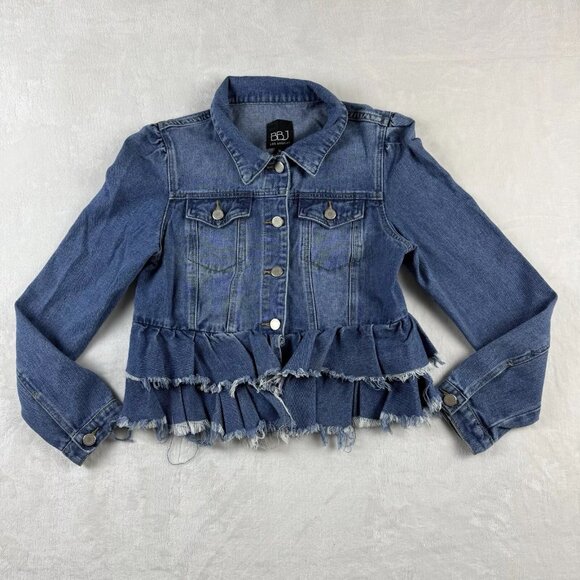 BBJ Denim Jacket Womens M Blue Raw Ruffle Hem Jean 90s Rock - Picture 1 of 9